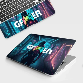 Gamer in Glowing Background laptop skin - Gaming vinyl skin by Thuk Store